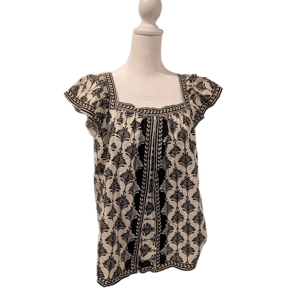 New Max Studio Blouse Women's Medium Black White Boho Puff Sleeve Floral Top NWT